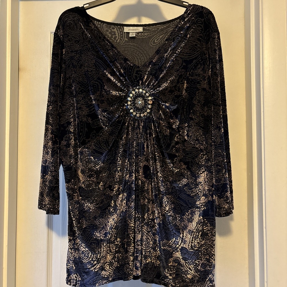 Dressbarn 2X Blue Whimsigoth Velvet Burnout  Rhinestone Brooch Tunic Witchy Boho